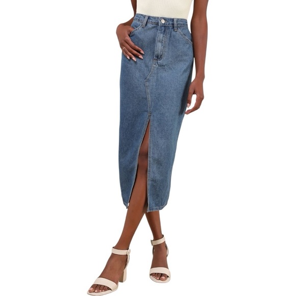 Lulu’s Darling Trend Medium Wash Denim Midi Skirt Womens XL - Picture 9 of 9